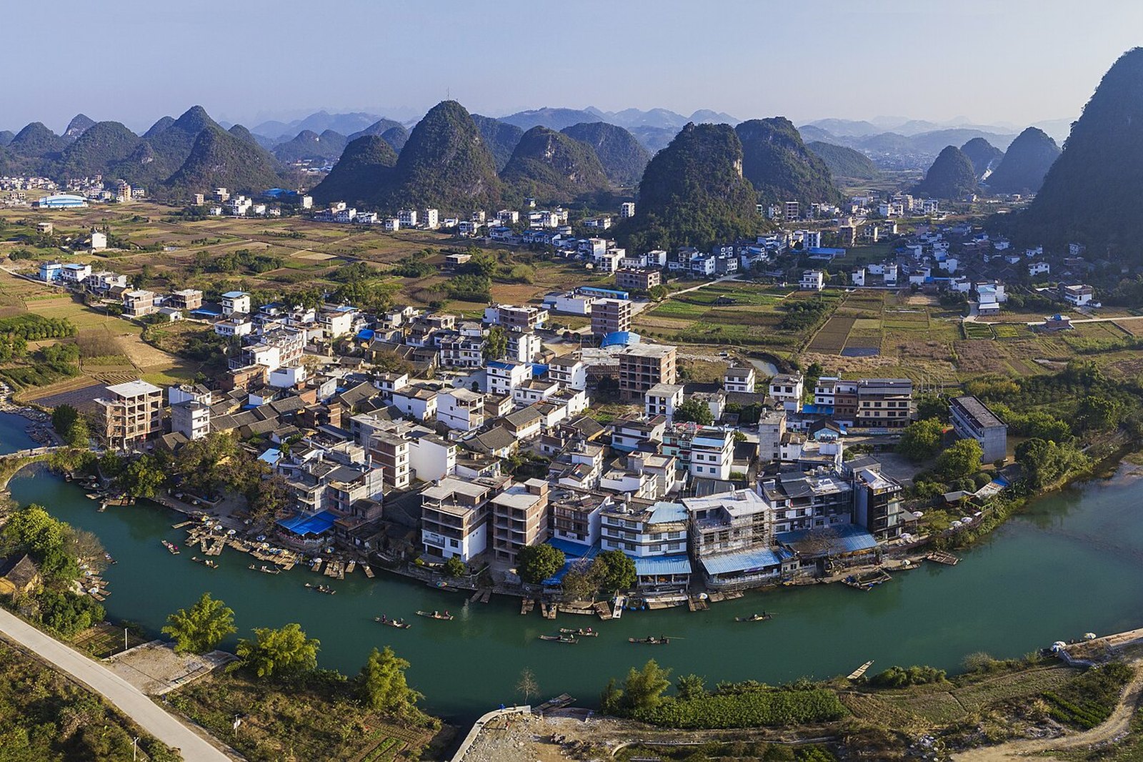 Rice fields, villages and karst hills in the countryside around Yangshuo