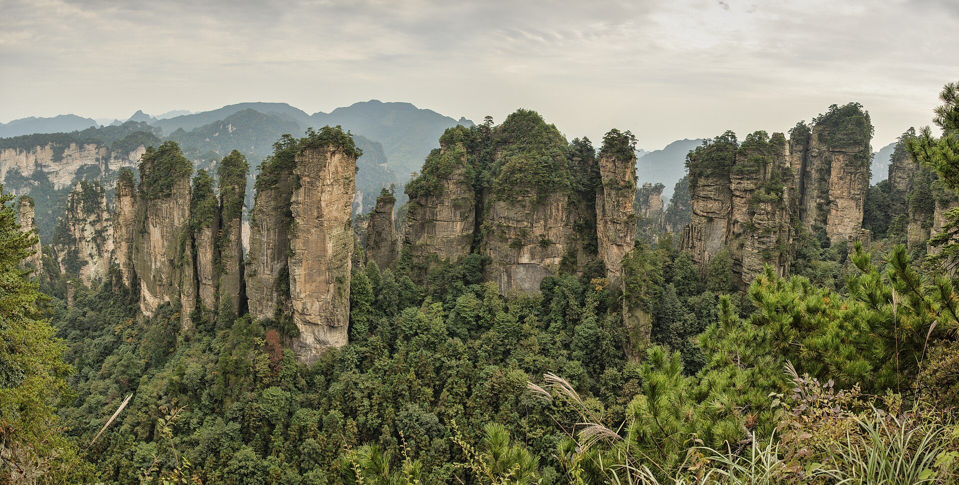 Panorama of thousands of sandstone pillars in Wulingyuan, Zhangjiajie